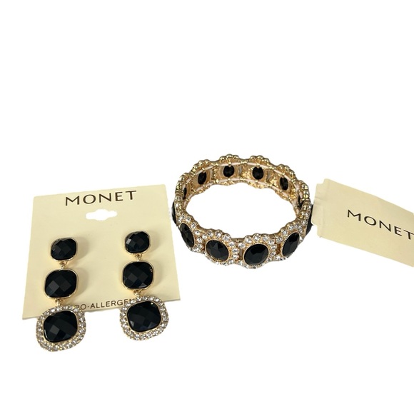 Monet Jewelry - Monet Black and Gold Stretchy Bracelet & Earrings Set